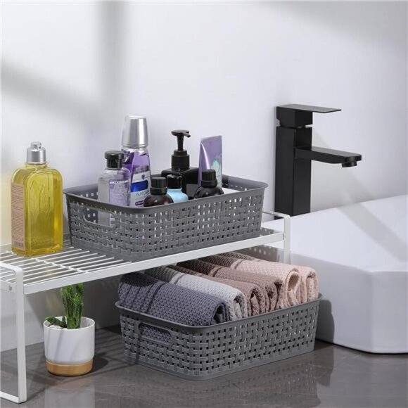 Plastic Storage Baskets Set of 8 Gray Organizer Bins for Closet Shelf Cabinet - Picture 6 of 7